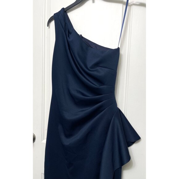 Xscape Carrie Techno Scuba One Shoulder Knee Length Ruffle Dress Blue 6 - Picture 6 of 11